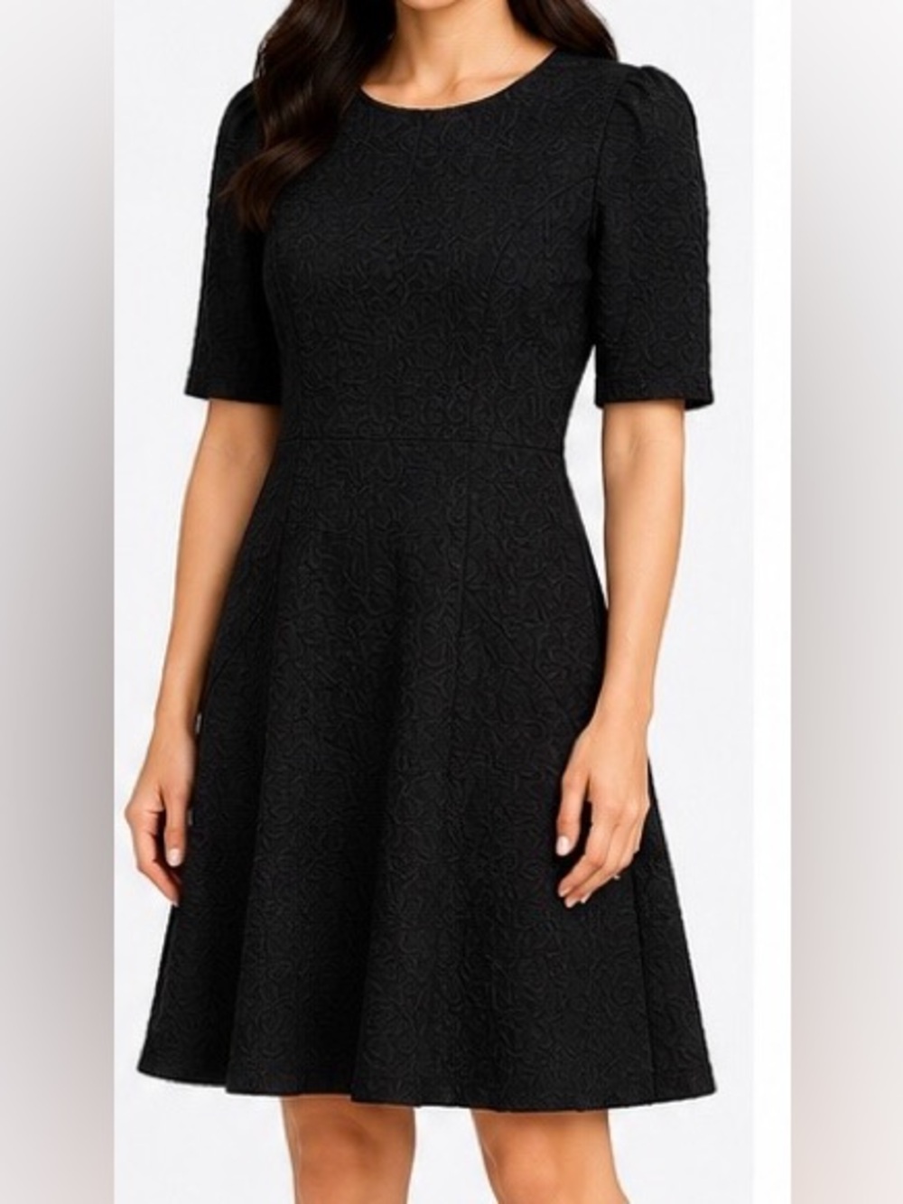 36.  London Style Black Textured Midi Fit-and-Flare Dress